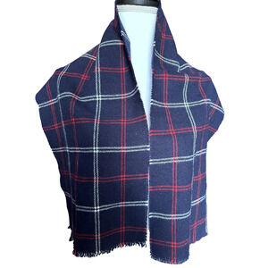 Loch Lomond 100%‎ Wool Scarf Made In England Blue Red Plaid Fringe 48" Winter